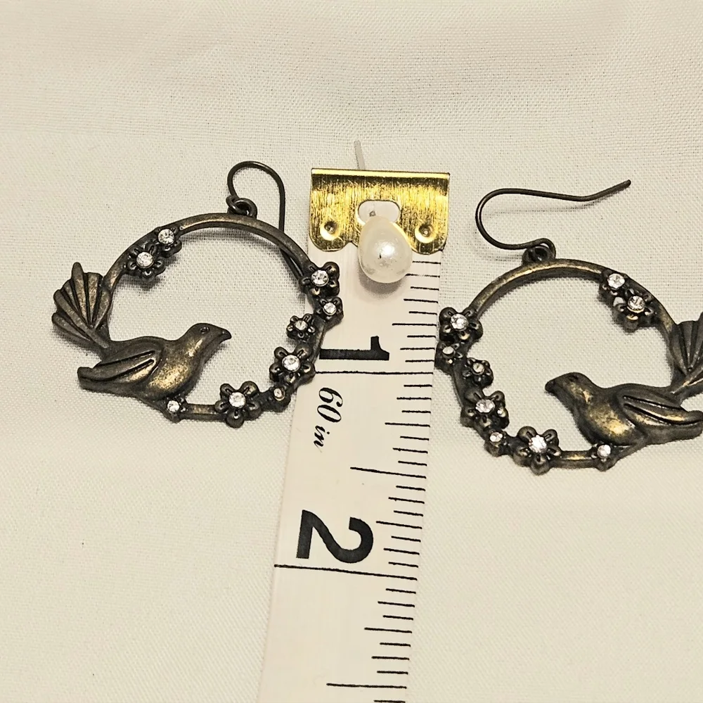 Antiqued Pewter-Tone Bird on Swing Pierced Dangle Earrings with Crystal Flowers